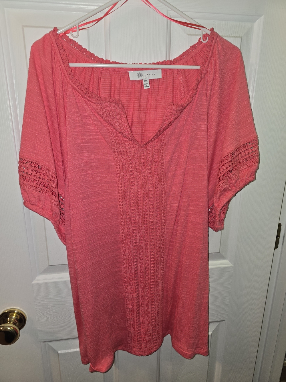 Fever Coral Pink Crochet-Trim Peasant Tunic